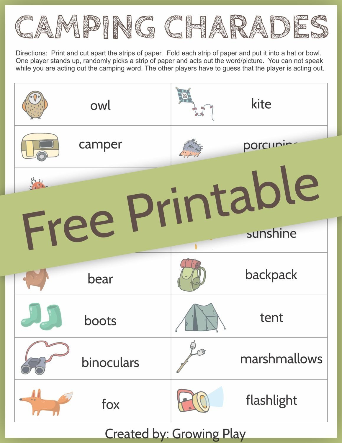 Camping Charades Game For Kids - Free Printable | Camping | Free - Free Printable Camping Games