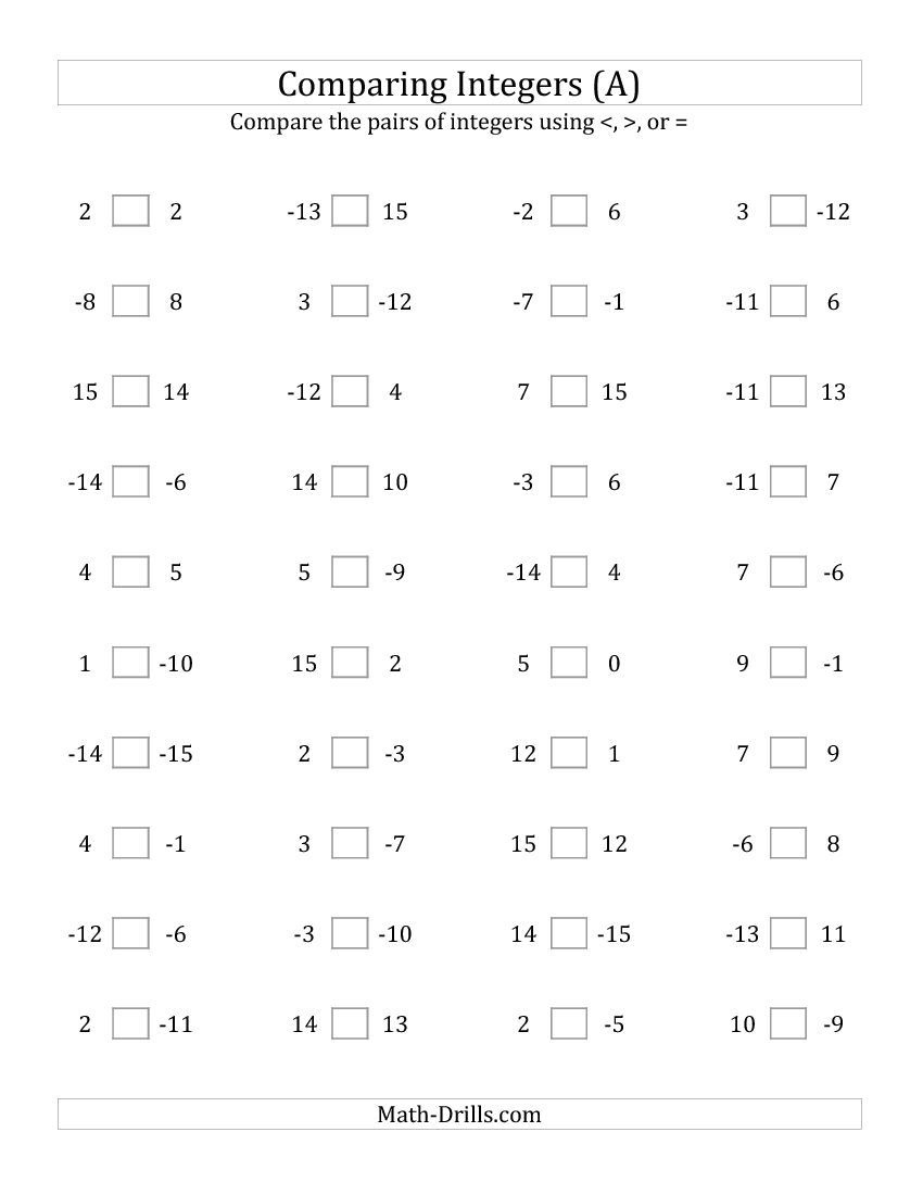 Comparing Integers From -15 To 15 (A) Basic Practice For Grade 7 - Free Printable Integer Worksheets Grade 7