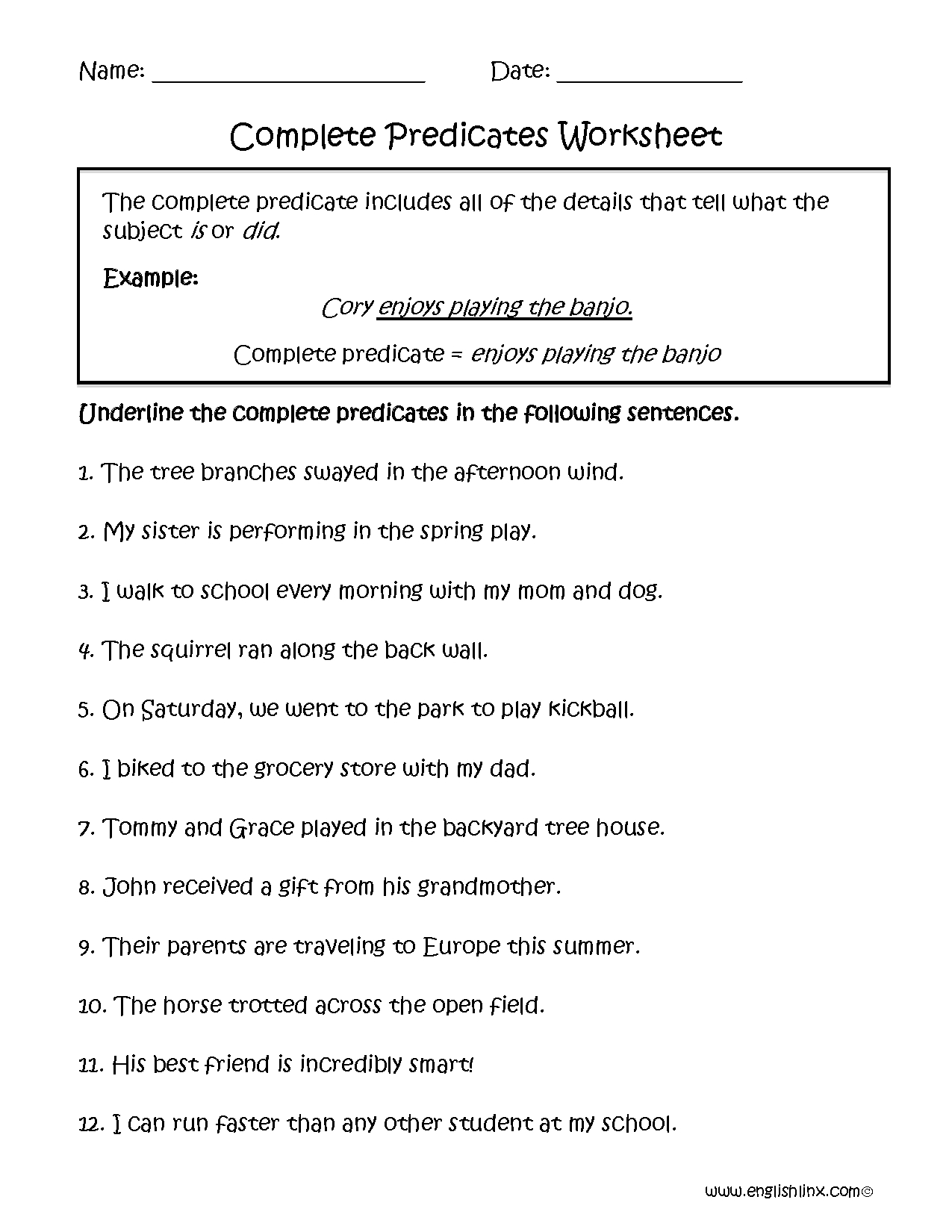 Subject And Predicate Examples 2nd Grade