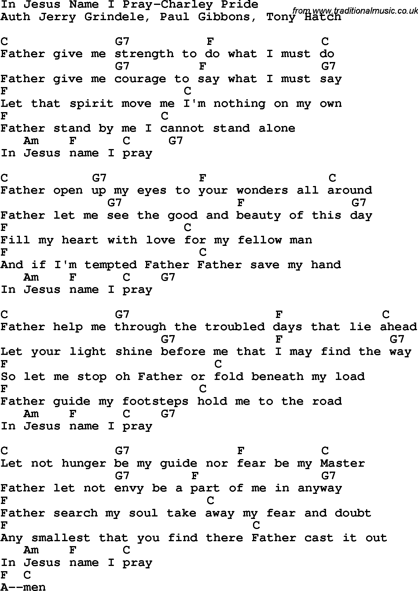 Country, Southern And Bluegrass Gospel Song In Jesus Name I Pray - Free Printable Southern Gospel Song Lyrics