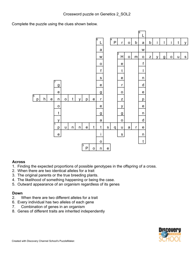 Crossword Puzzle On Genetics 2_Sol2 Complete The - Crossword Puzzle Maker Free Printable With Answer Key