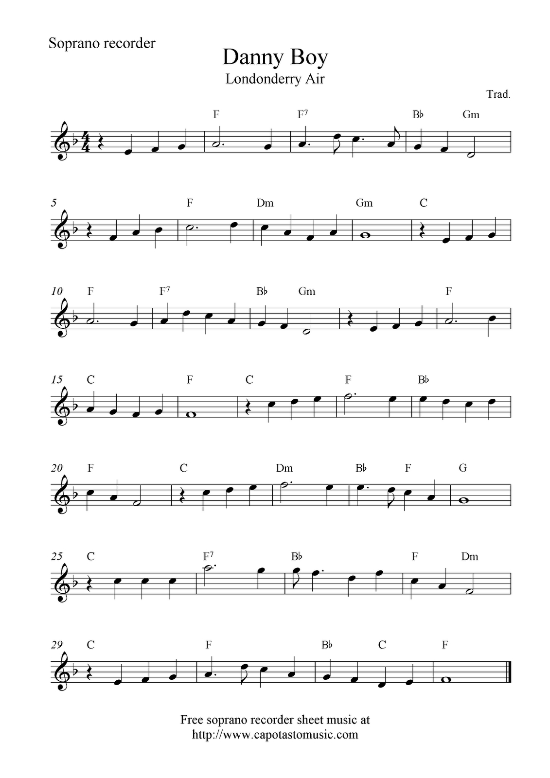 Danny Boy (Londonderry Air), Free Soprano Recorder Sheet Music Notes - Free Printable Recorder Sheet Music For Beginners