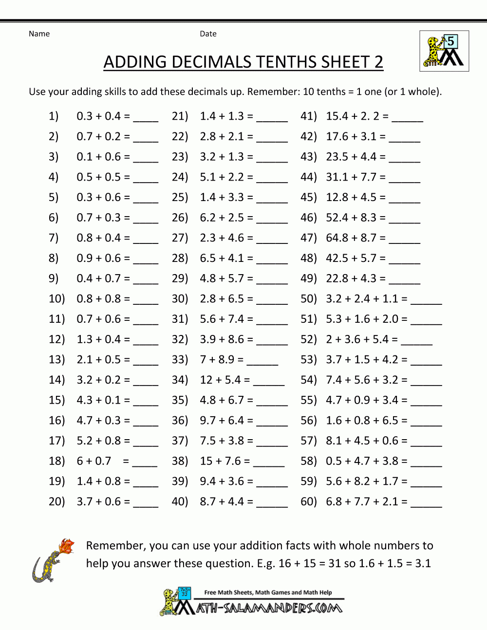 Decimal Math Worksheets Addition - Free Printable 5Th Grade Math Worksheets