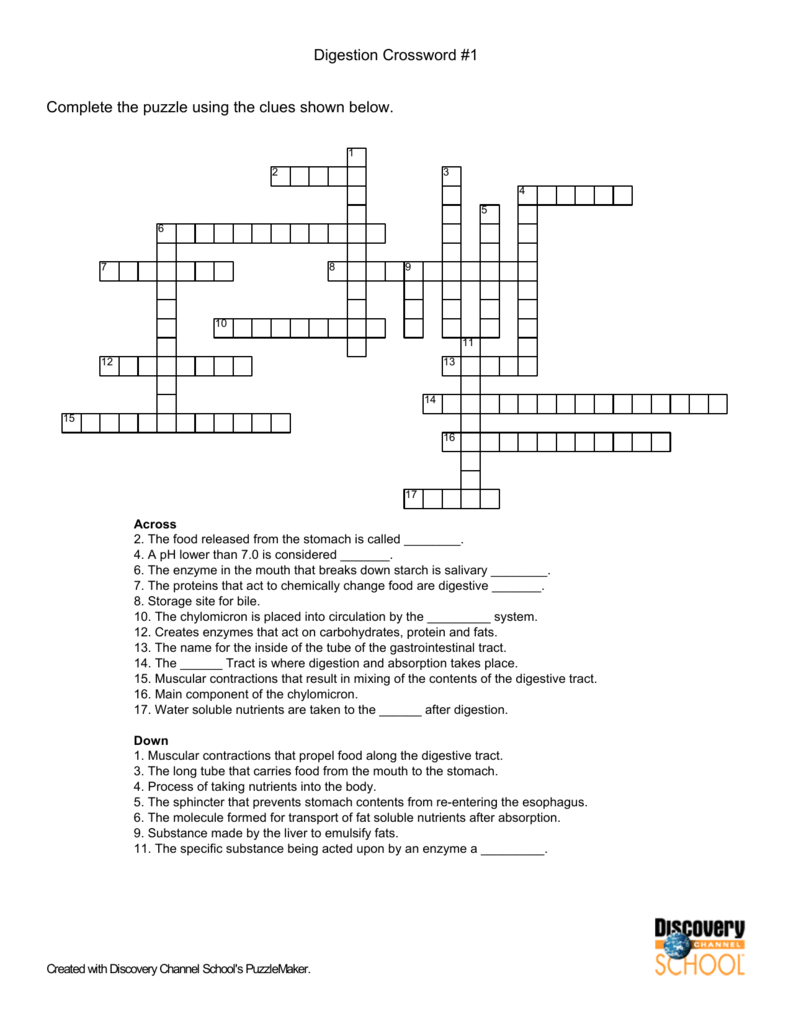 Digestion Crossword #1 Complete The Puzzle Using The Clues Shown - Crossword Puzzle Maker Free Printable With Answer Key
