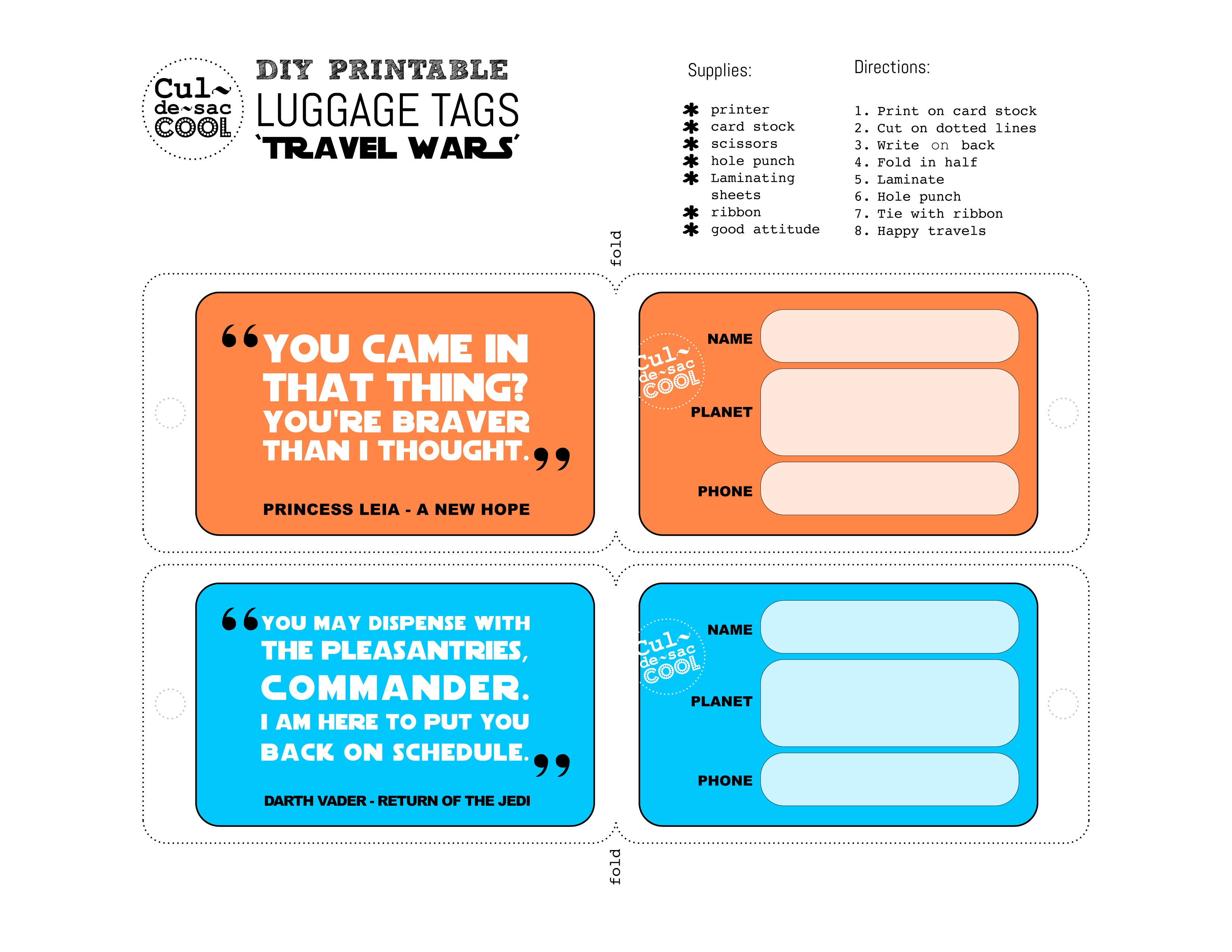 Diy Printable Luggage Tags &amp;#039;travel Wars&amp;#039; - Free Printable Luggage Tags