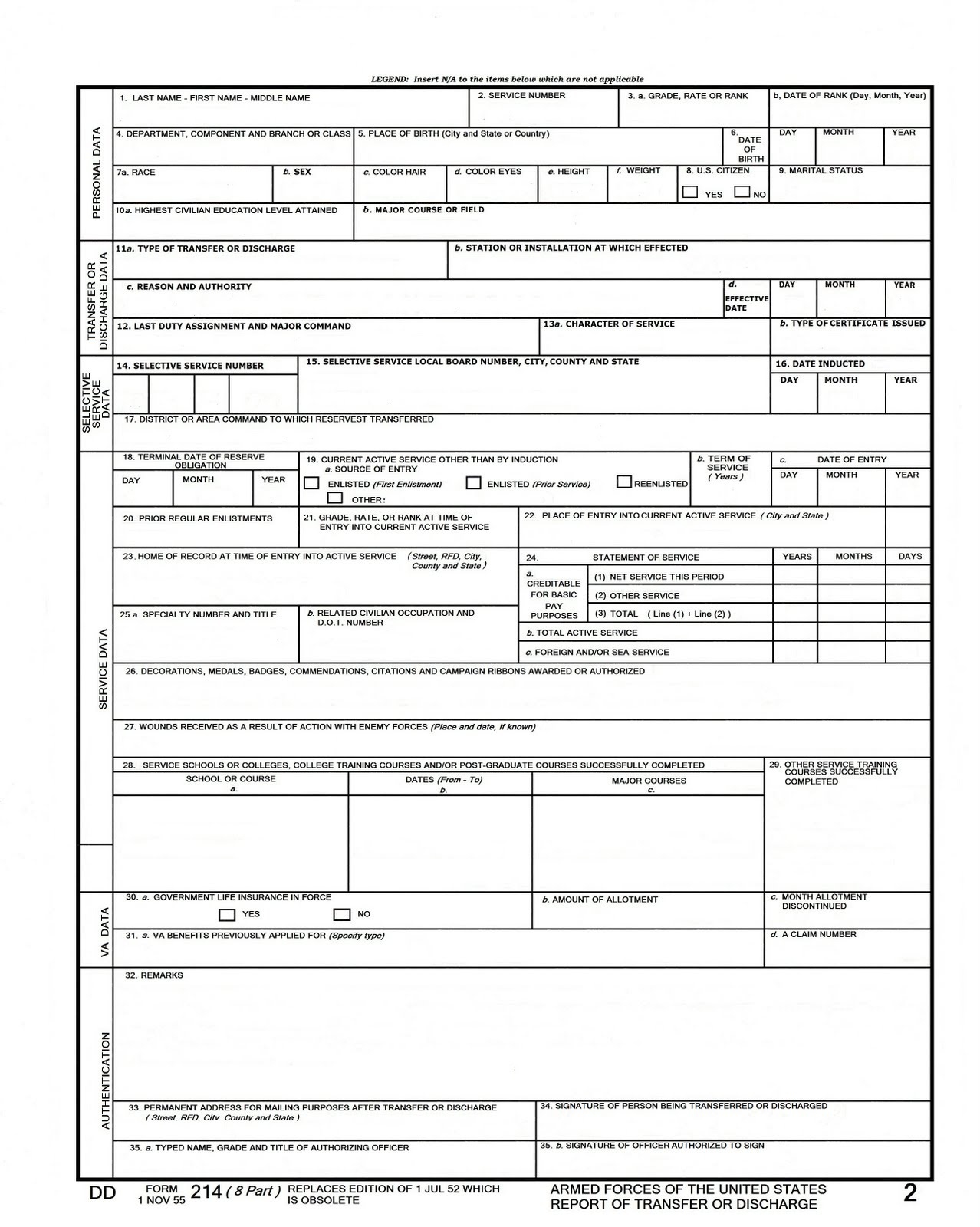 Download Dd214 Form Online - Free Printable Dd214 Form