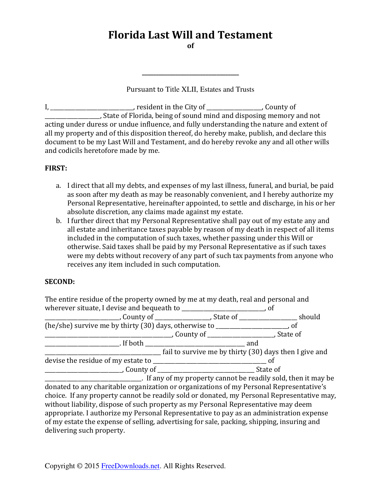 Download Florida Last Will And Testament Form | Pdf | Rtf | Word - Free Printable Last Will And Testament Blank Forms Florida