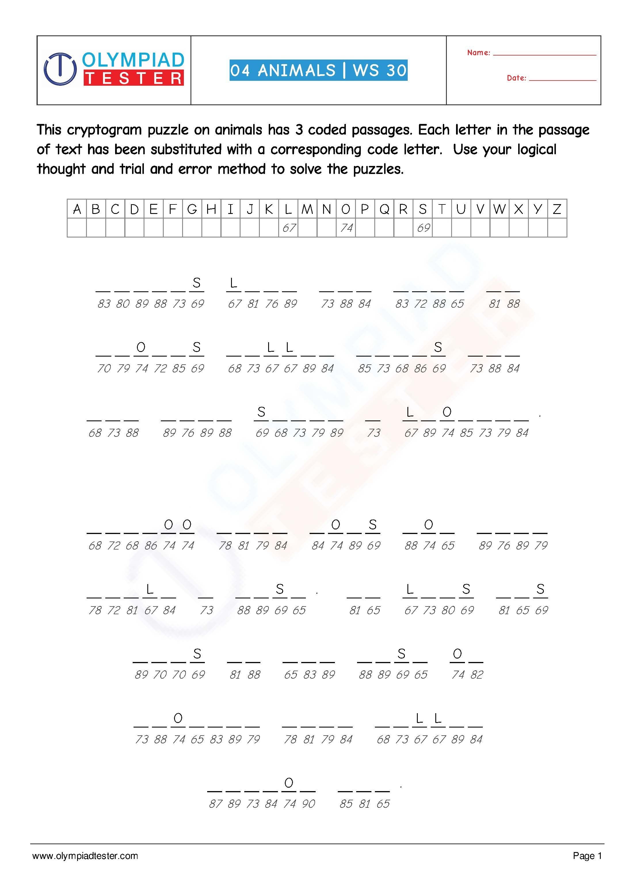 Download Grade 4 Science Worksheet (Cryptogram) On &quot;animals&quot; For - Free Printable Cryptograms Pdf