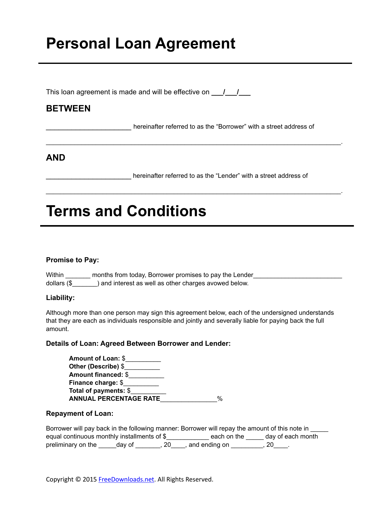 Download Personal Loan Agreement Template | Pdf | Rtf | Word - Free Printable Blank Loan Agreement