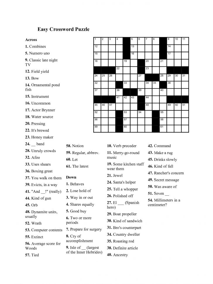 Free Printable Easy Crossword Puzzles