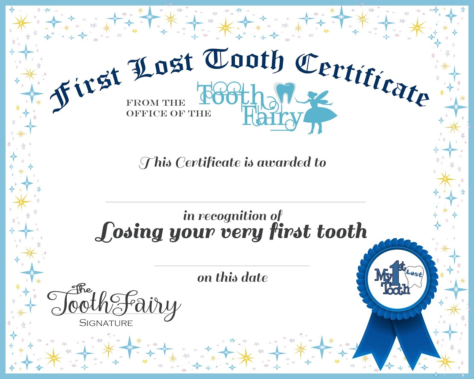 Tooth Fairy Certificate Award For Losing Your Very First Tooth Free