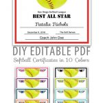 Editable Pdf Sports Team Softball Certificate Award Template | Etsy   Free Printable Softball Award Certificates