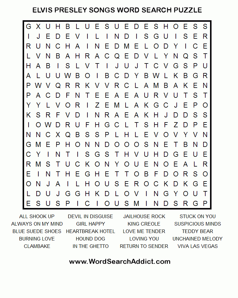 Elvis Songs Printable Word Search Puzzle - Free Printable Word Searches For Adults