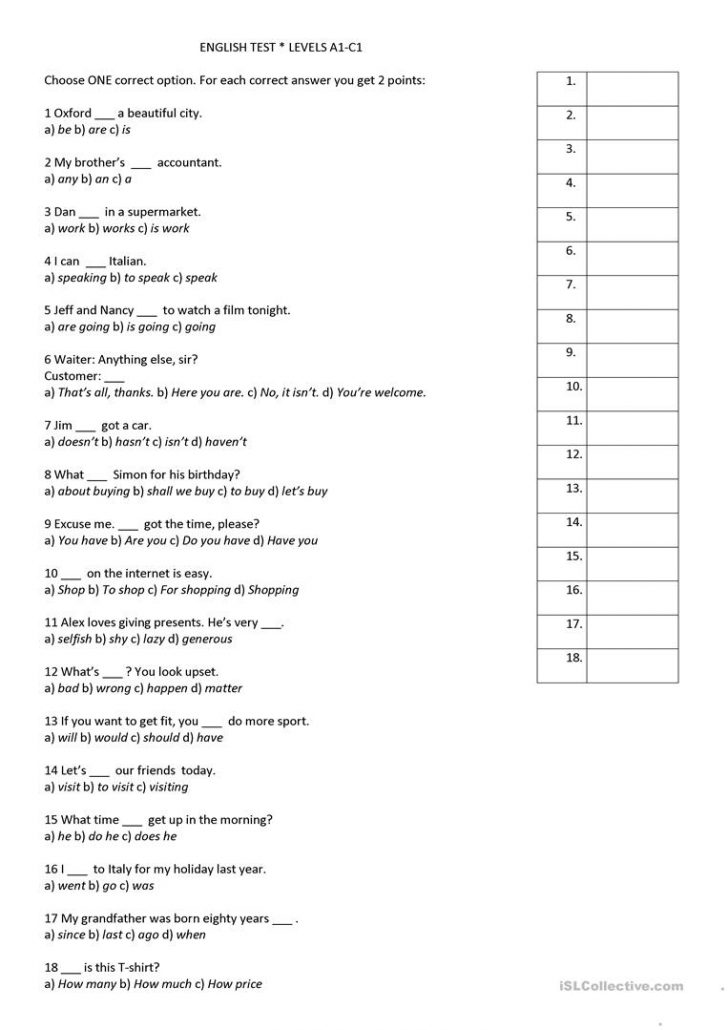 English Placement Test A1-C1 Worksheet - Free Esl Printable - Free Esl ...