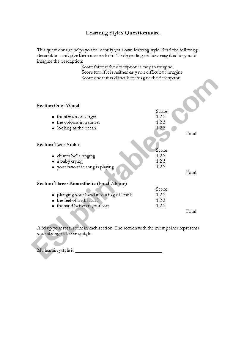 English Worksheets: Learning Styles Questionnaire - Free Printable Learning Styles Questionnaire