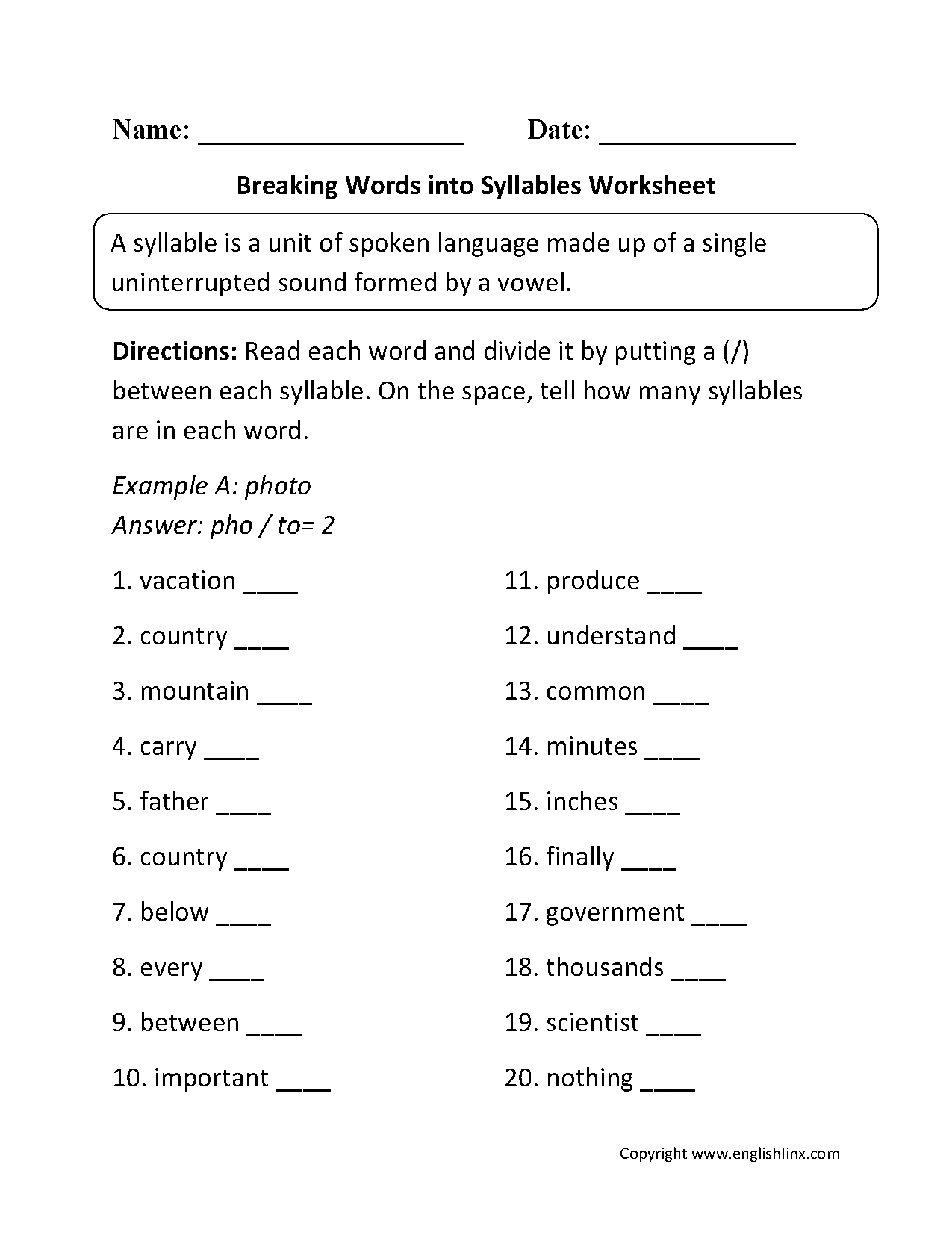 Englishlinx | Syllables Worksheets - Free Printable Open And Closed Syllable Worksheets