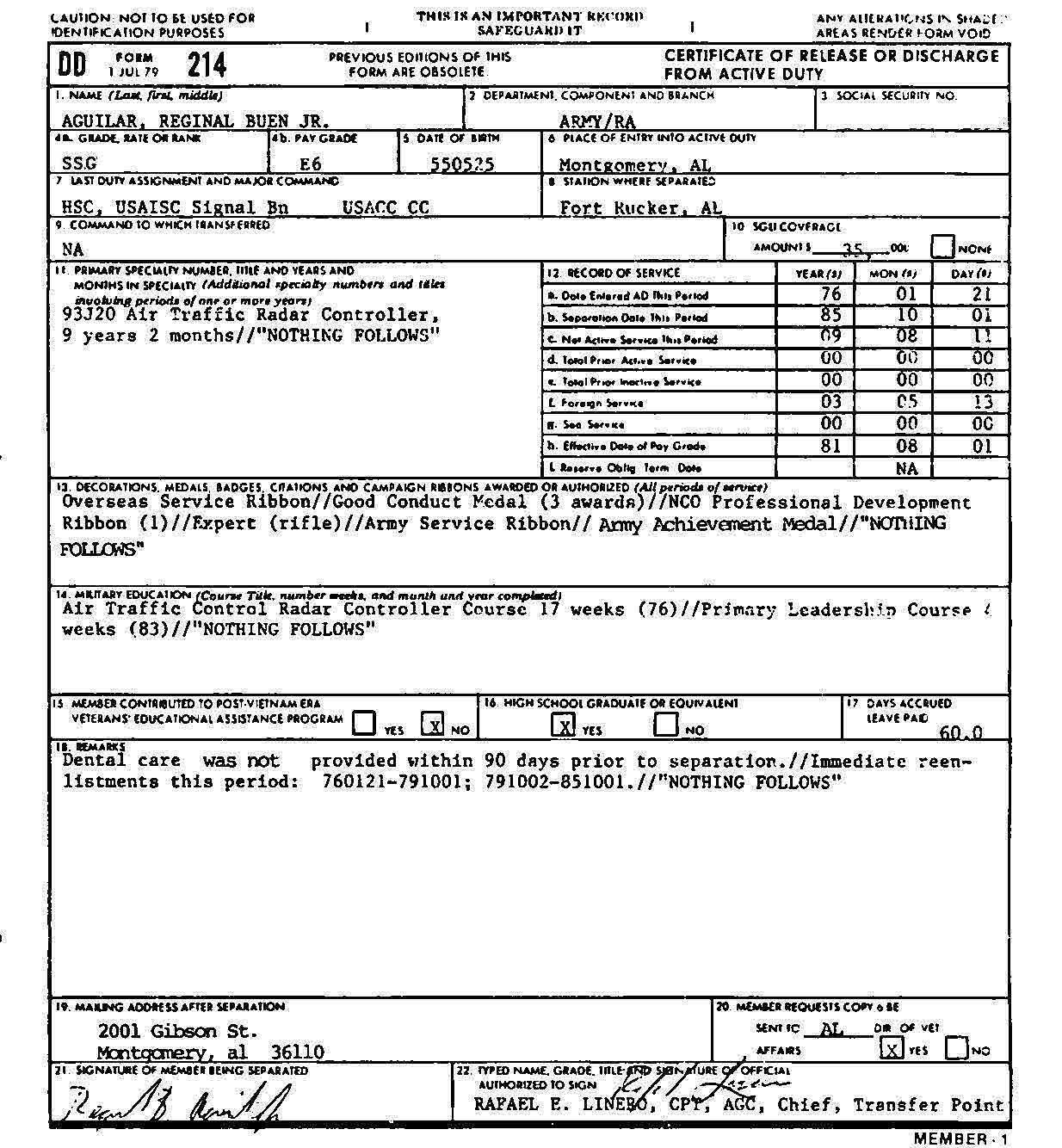 Enlisted Service Dd-214 (1985) | Military Career | Military - Free Printable Dd214 Form