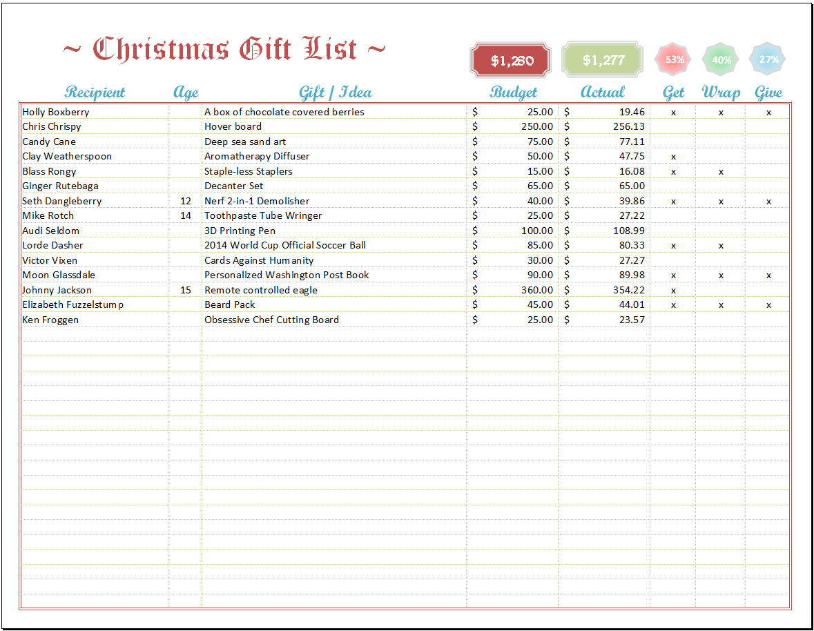 Excel Christmas List Template - Free Printable Christmas Card List Template