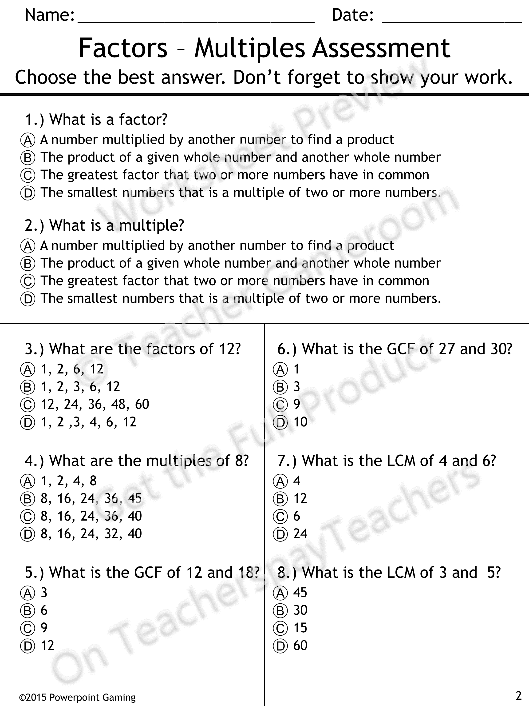 Factors And Multiples Quiz - 4.oa.4 | School | Factors, Multiples - Least Common Multiple Worksheet Free Printable