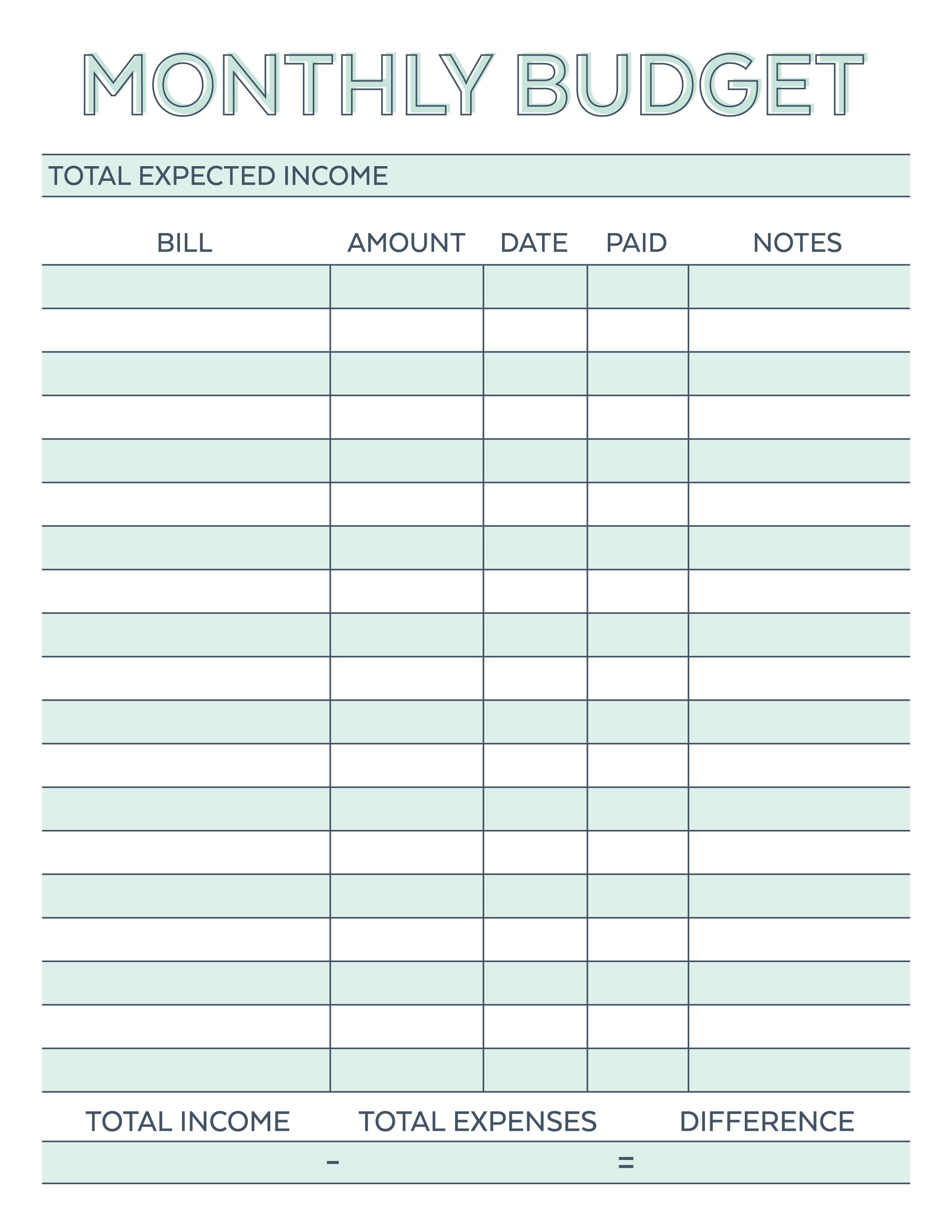 printable monthly household budget template