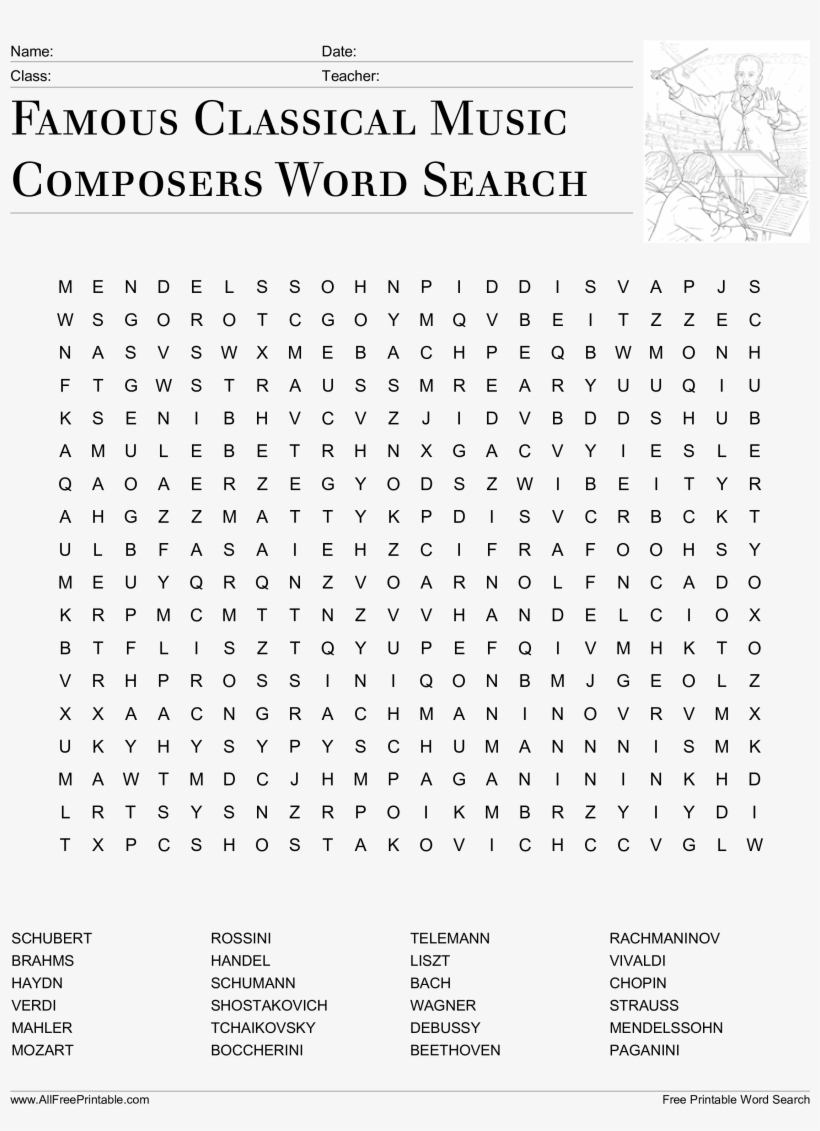Famous Classical Music Composers Word Search Main Image Transparent - Free Printable Music Word Searches