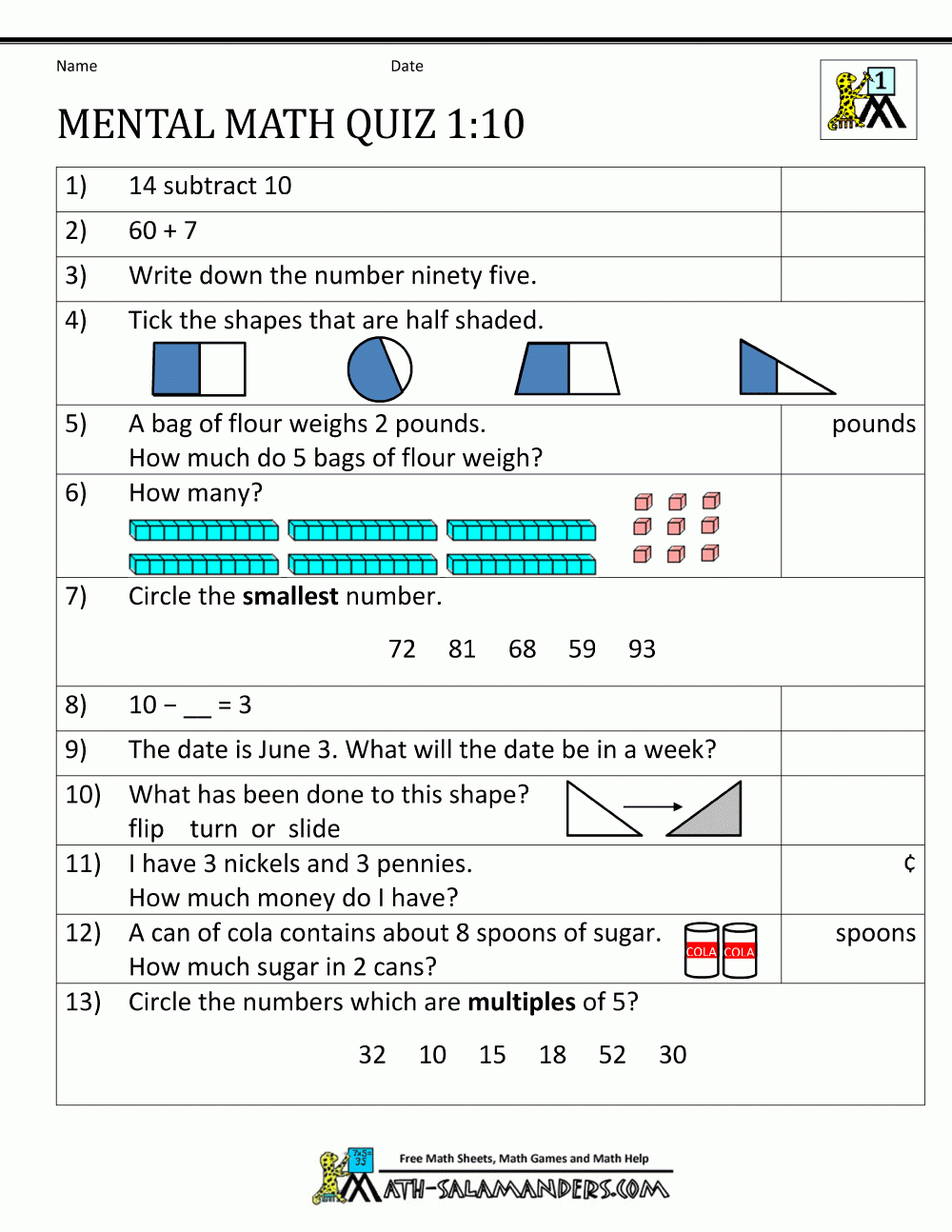 First Grade Mental Math Worksheets - Free Printable First Grade Math Worksheets