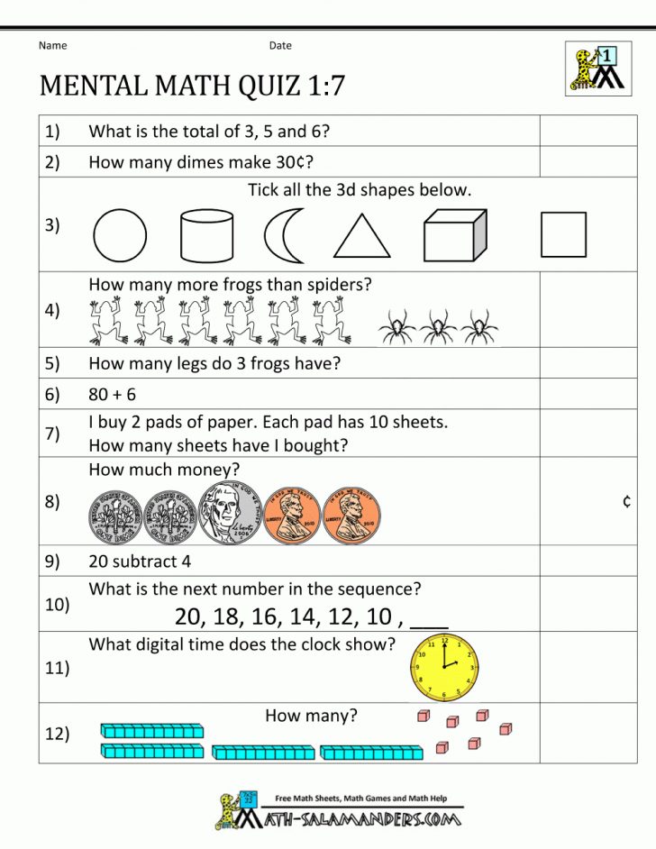 Free Printable Math Test For 1St Grade