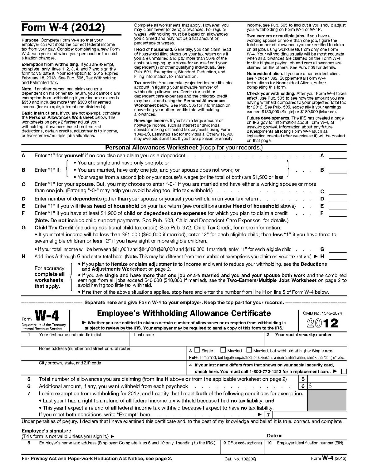 Form W-4 - Wikipedia - Form W 4 2013 Free Printable