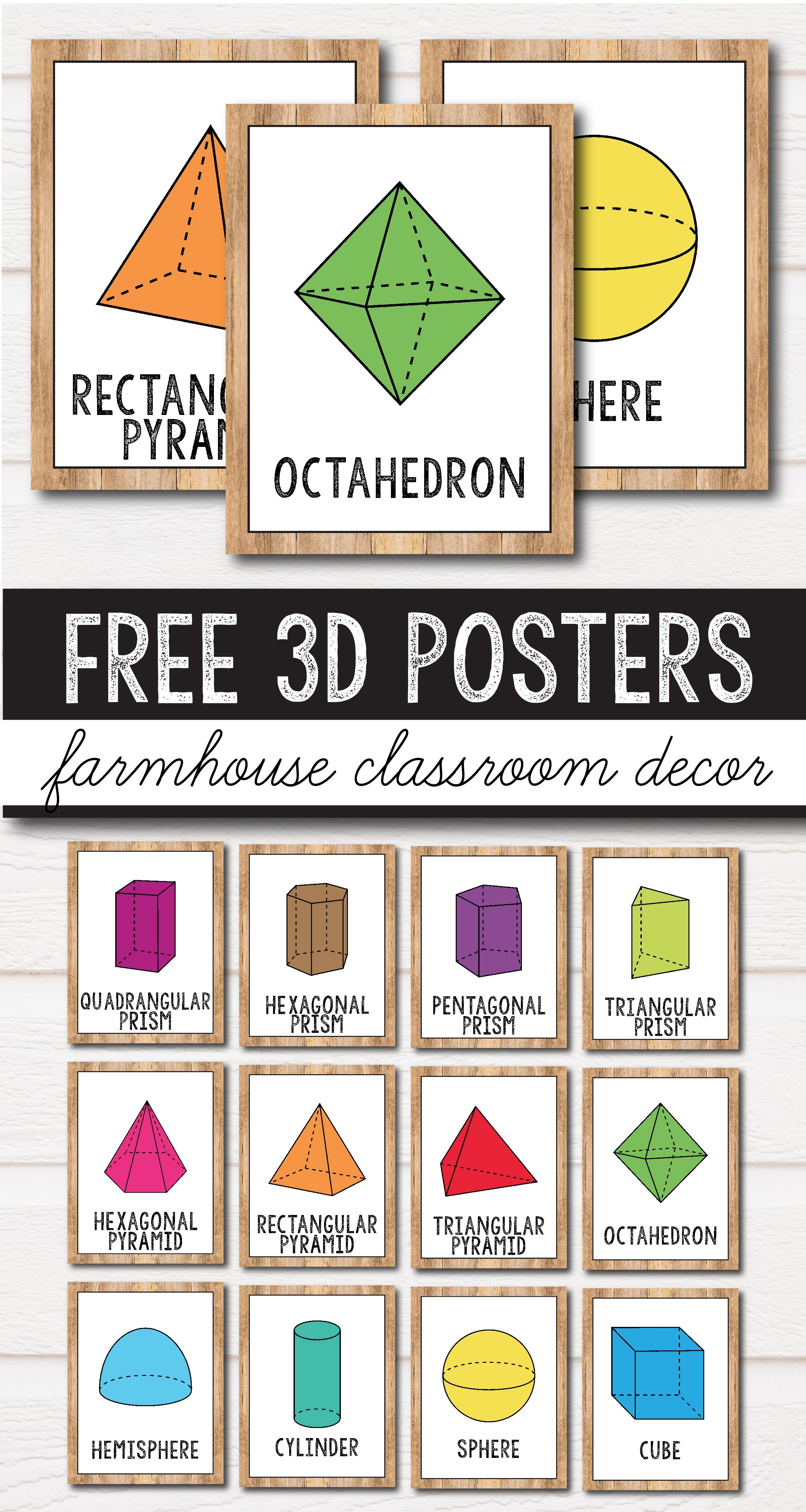 Free 2D Shape Posters - 3D Shape Posters - Farmhouse Classroom Decor - 3D Shape Bingo Free Printable