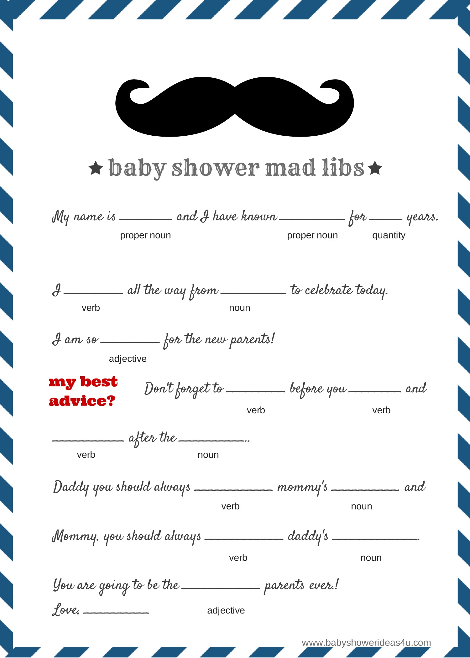 Free Baby Mad Libs Game - Baby Advice - Baby Shower Ideas - Themes - Name That Mustache Game Printable Free