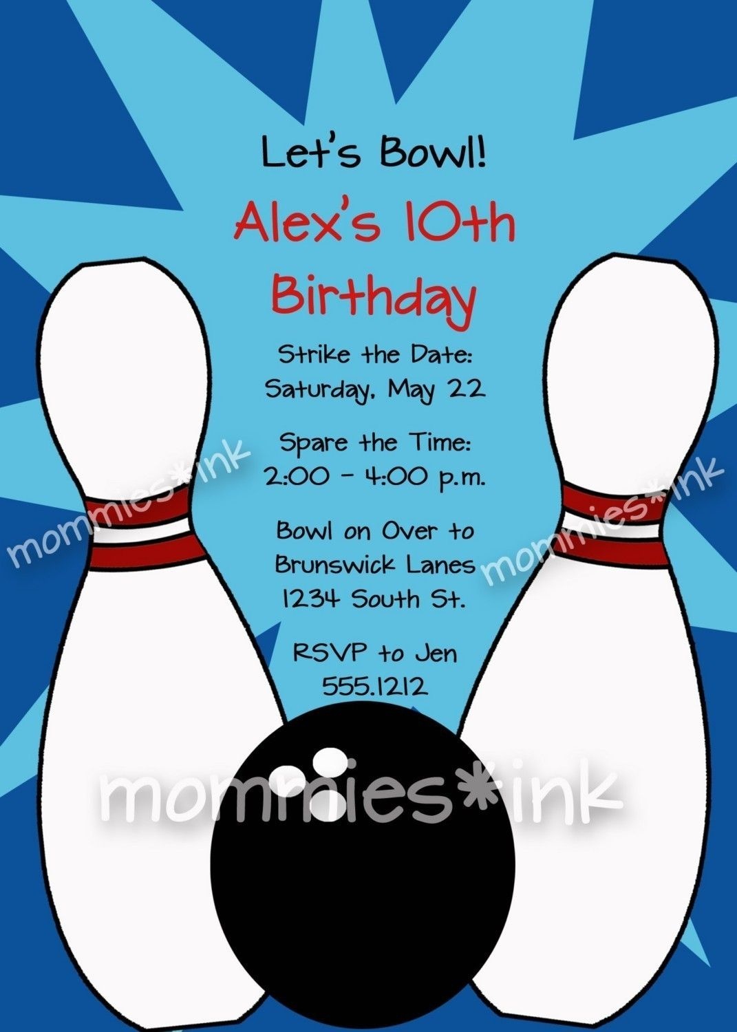 Free Bowling Party Invitations Templates With Blue Background Colors - Free Printable Bowling Invitation Templates