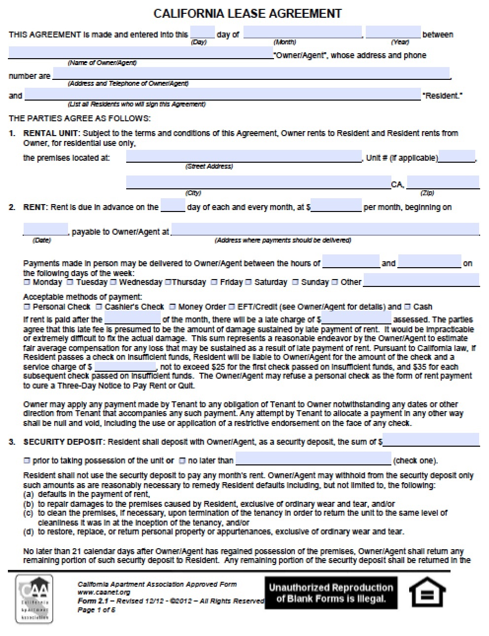 Printable California Residential Lease Agreement Fillable