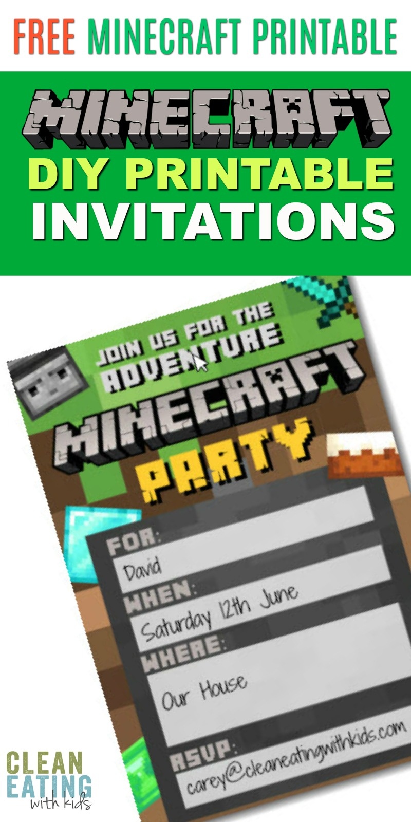 Free Diy Printable Minecraft Birthday Invitation - Clean Eating With - Free Minecraft Party Printables