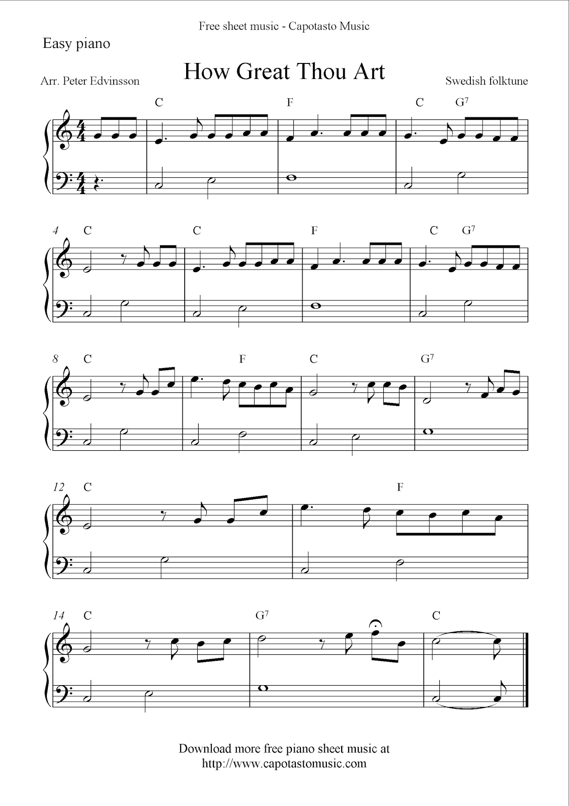 Free Easy Piano Sheet Music, How Great Thou Art - Free Printable Sheet Music For Piano