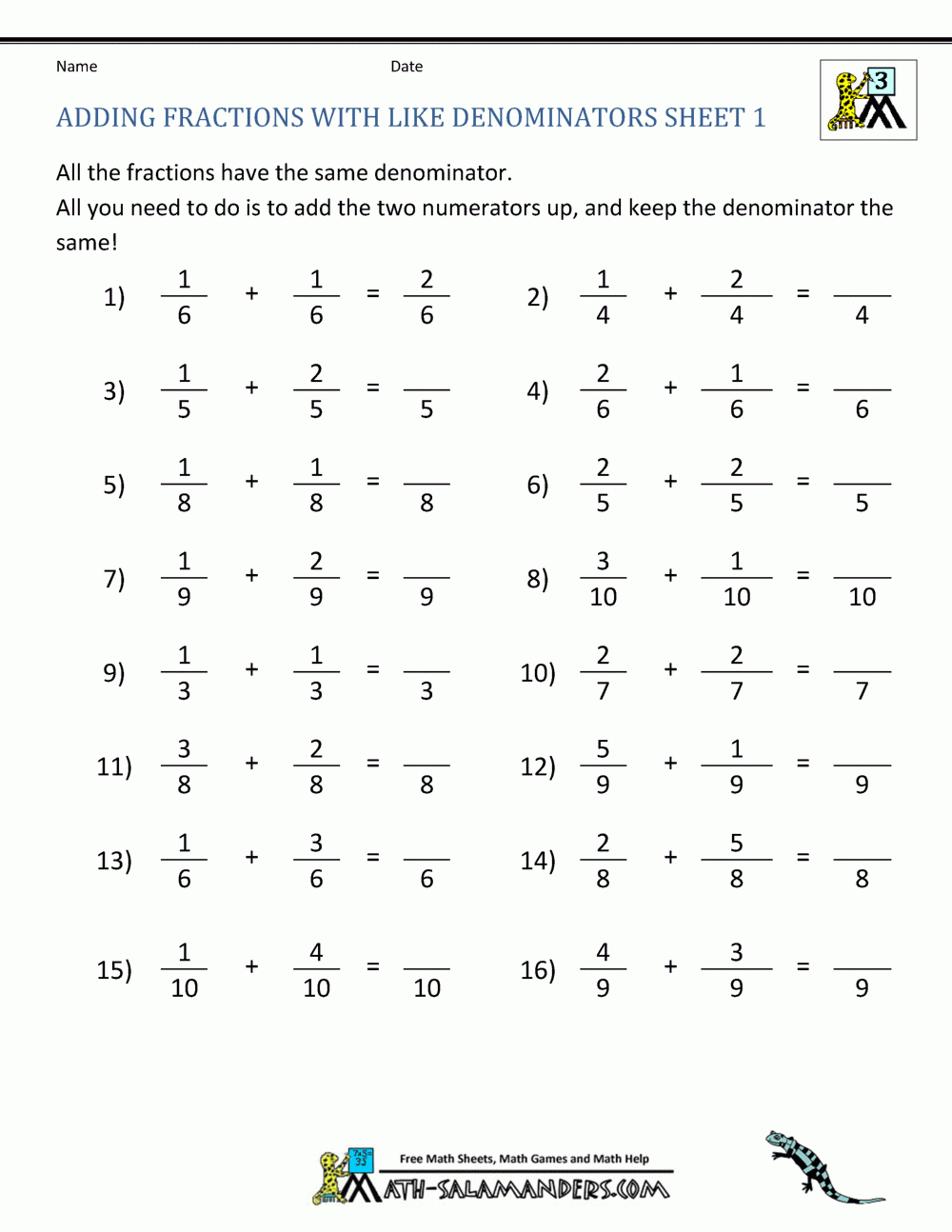 Free Fraction Worksheets Adding Subtracting Fractions - Free Printable Fraction Worksheets