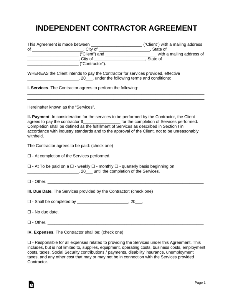 Free Printable Independent Contractor Agreement Free Printable