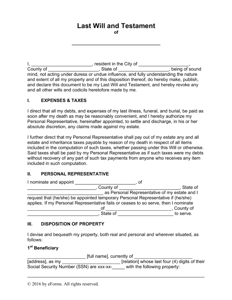 Free Last Will And Testament Templates - A “Will” - Pdf | Word - Free Printable Blank Last Will And Testament