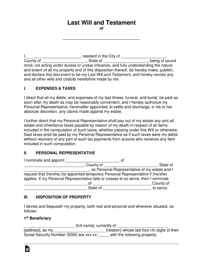 Free Last Will And Testament Templates - A “Will” - Pdf | Word - Free Printable Florida Will