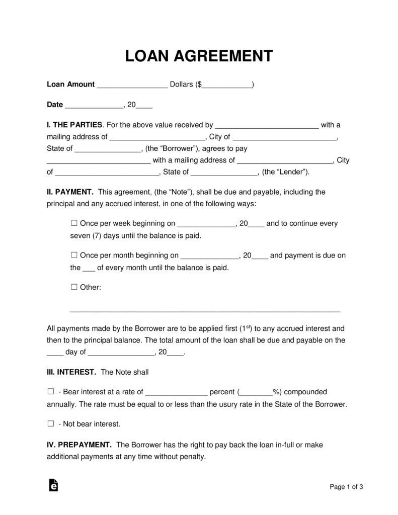 Free Loan Agreement Templates - Pdf | Word | Eforms – Free Fillable - Free Printable Loan Forms