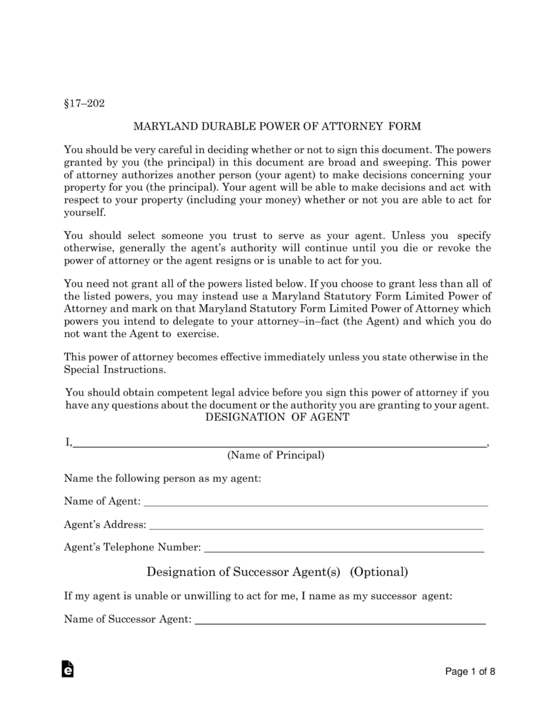 Free Maryland Power Of Attorney Forms - Pdf | Word | Eforms – Free - Maryland Power Of Attorney Form Free Printable