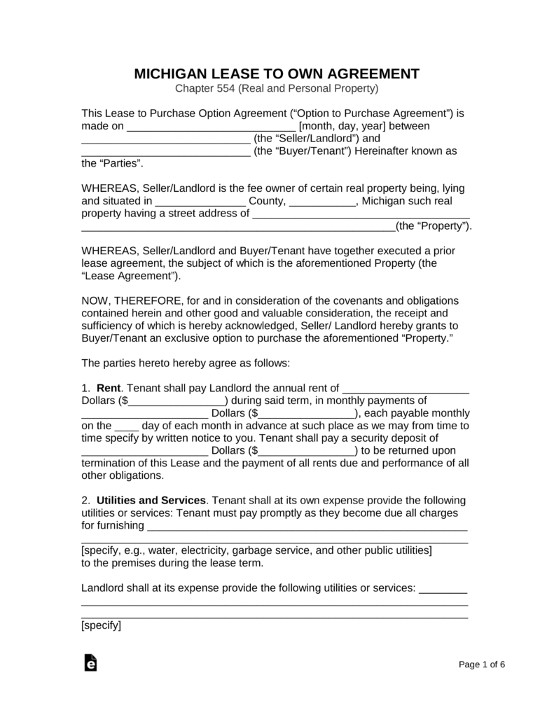 Free Michigan Lease To Own (Option To Purchase) Agreement - Pdf - Free Printable Michigan Residential Lease Agreement