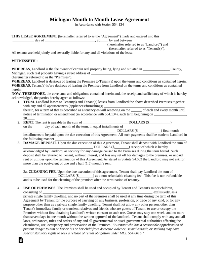 Free Michigan Month To Month Rental Agreement Template - Pdf | Word - Free Printable Michigan Residential Lease Agreement