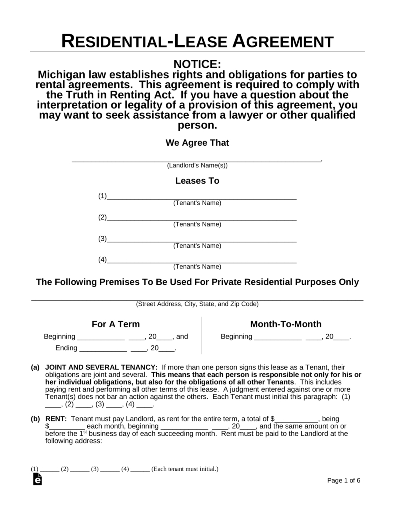 Free Michigan Residential Lease Agreement Template - Pdf | Word - Free Printable Michigan Residential Lease Agreement