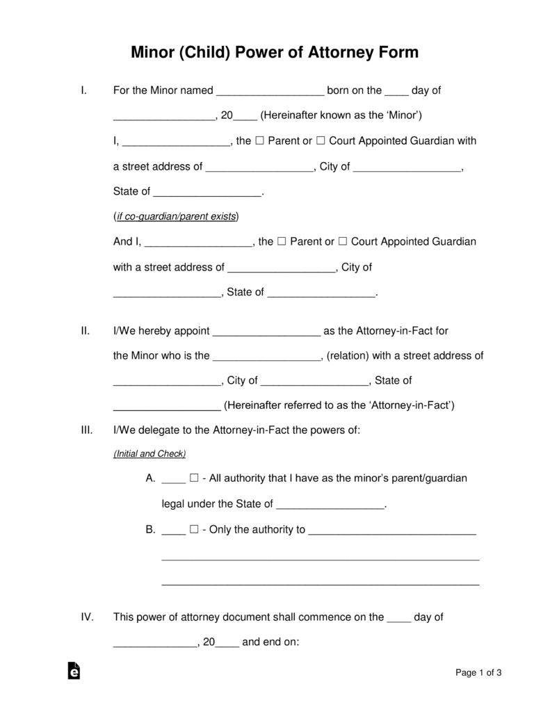 Free Minor (Child) Power Of Attorney Forms - Pdf | Word | Eforms - Free Blank Printable Medical Power Of Attorney Forms