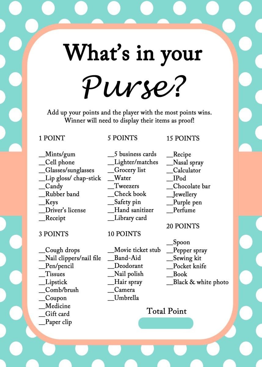 Free Mint Bridal Shower Game Printables | Important Info | Bridal - Free Printable Baby Shower Game What&amp;amp;#039;s In Your Purse