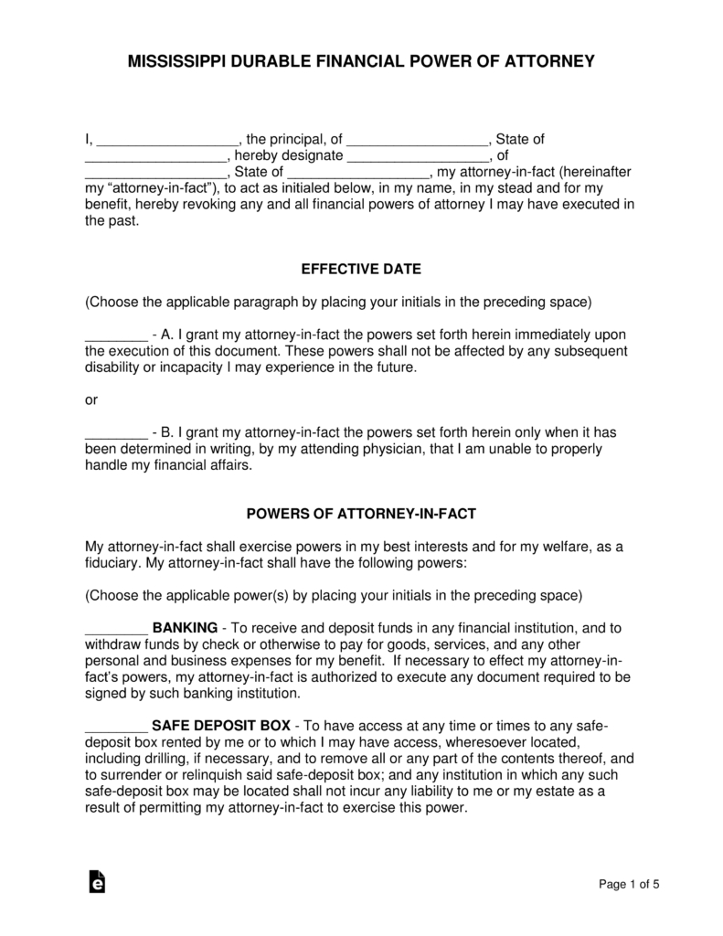 Free Mississippi Power Of Attorney Forms - Pdf | Word | Eforms - Free Printable Power Of Attorney Form Washington State