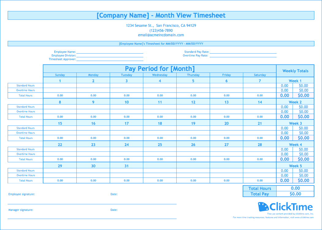 Free Monthly Timesheet Template | Clicktime - Monthly Timesheet Template Free Printable