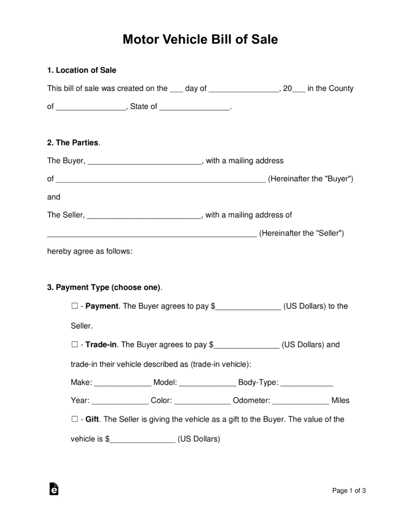 Free Motor Vehicle (Dmv) Bill Of Sale Form - Pdf | Word | Eforms - Free Printable Bill Of Sale For Car