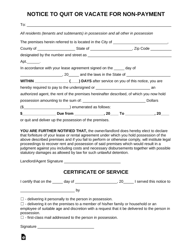 Free Notice To Pay Or Quit Form - Late Rent - Pdf | Word | Eforms - Free Printable Late Rent Notice