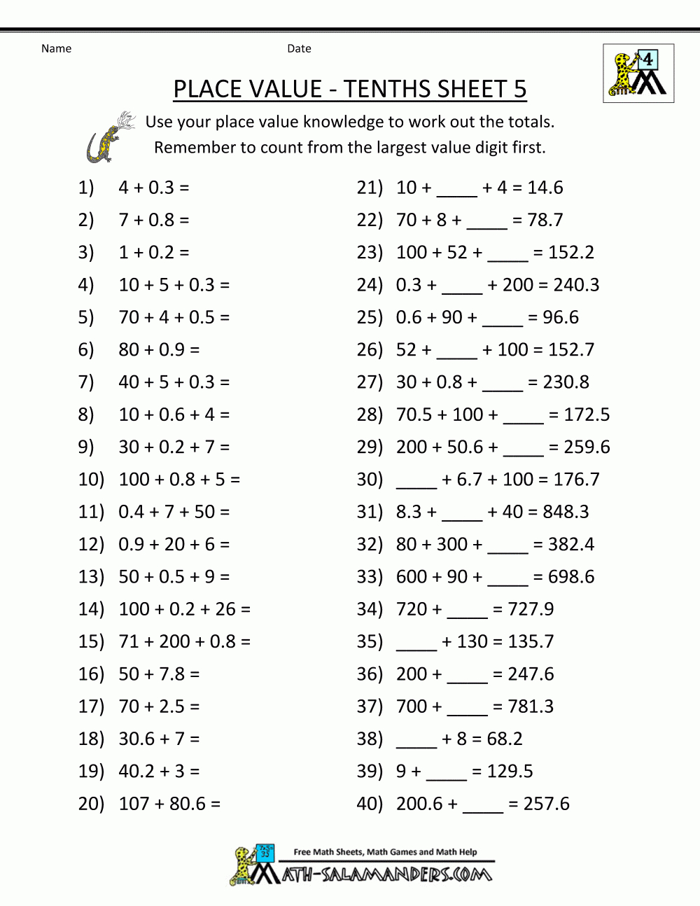 Free Online Math Worksheets Place Value Tenths 5 | Math | Math - Free Printable Place Value Worksheets